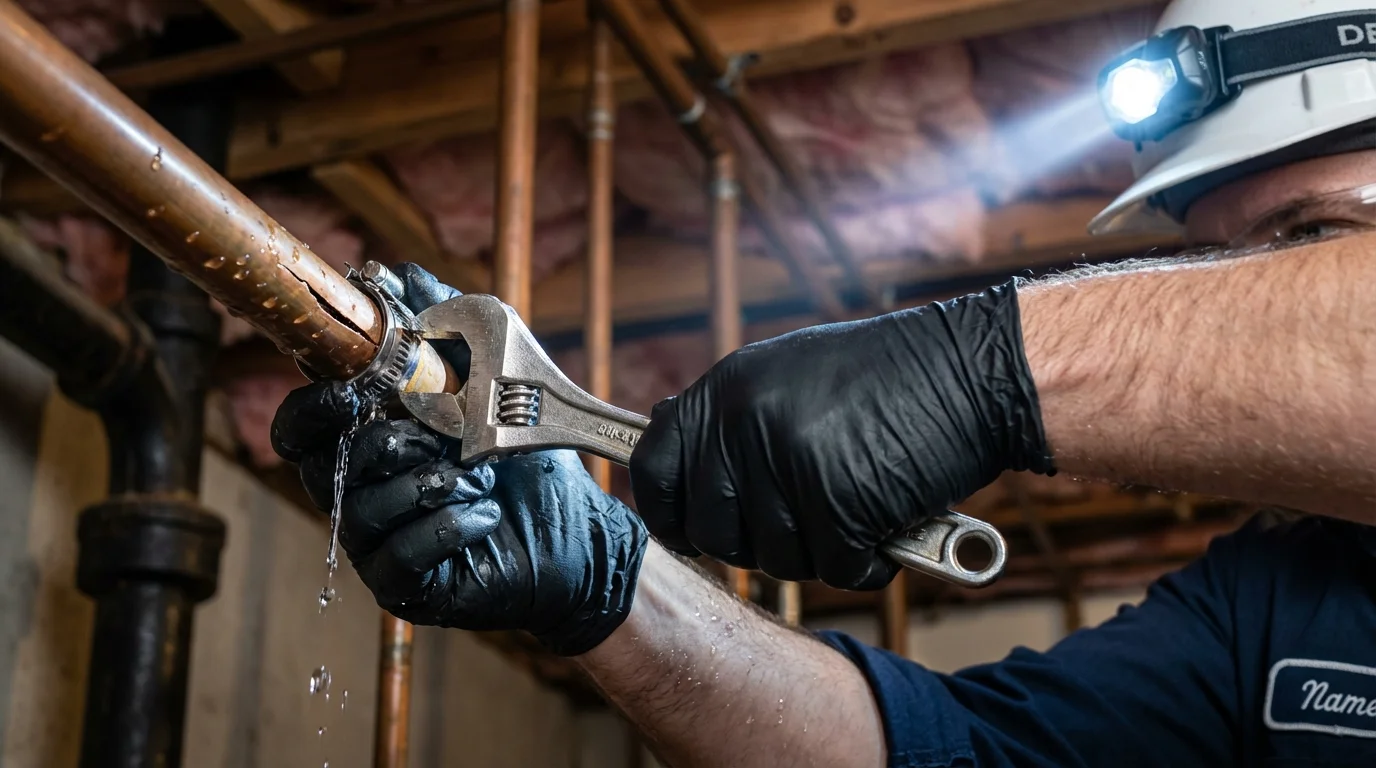 Emergency pipe clamp repair being performed by a Johns Plumbing LLC plumber in Venice
