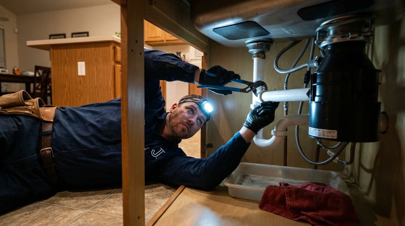 P-trap and supply line connections under a kitchen sink showing a common leak point in Venice, CA